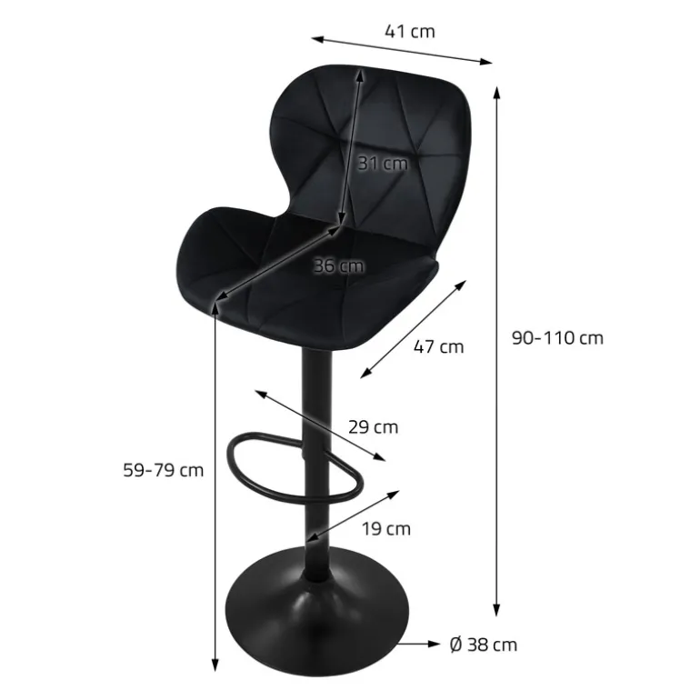 2er Set Barhocker 2x Schwarz Samtbezug mit Rückenlehne und Fußstütze höhenverstellbar 59-79cm ML-Design