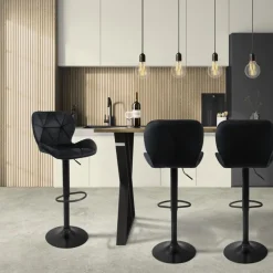 2er Set Barhocker 2x Schwarz Samtbezug mit Rückenlehne und Fußstütze höhenverstellbar 59-79cm ML-Design