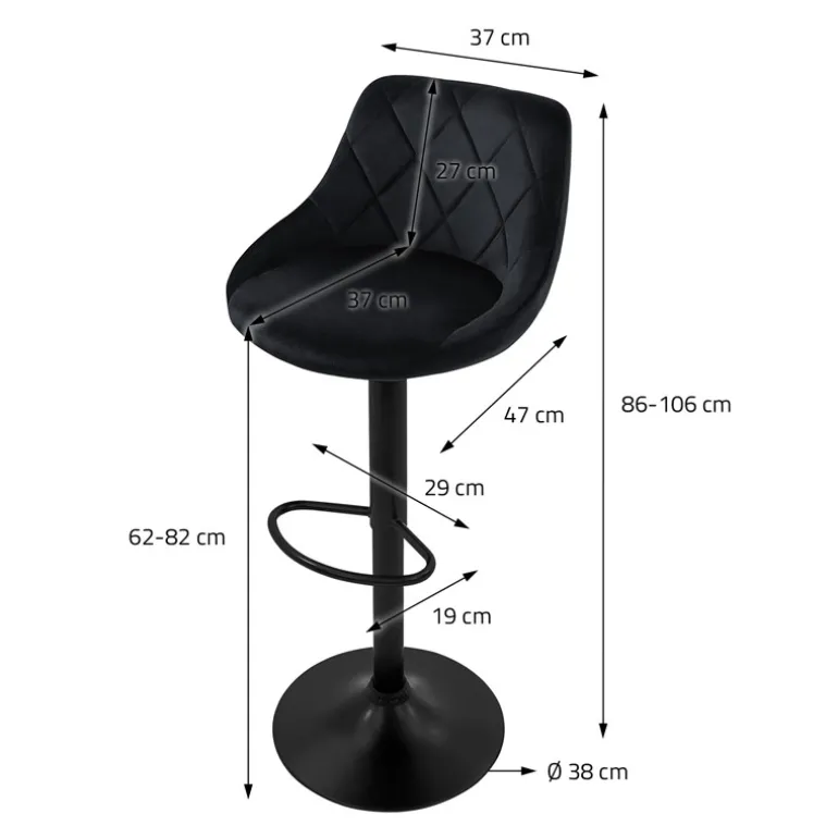2er Set Barhocker 2x Schwarz Samtbezug mit Rückenlehne und Fußstütze höhenverstellbar 62-82cm ML-Design