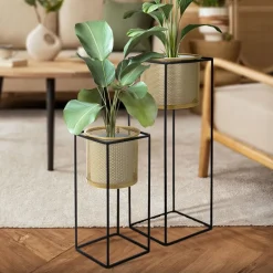 2er Set BlumenstĂ€nder mit Ăbertopf 21x21x47/25x25x71 cm Schwarz/Gold aus Stahl ML-Design