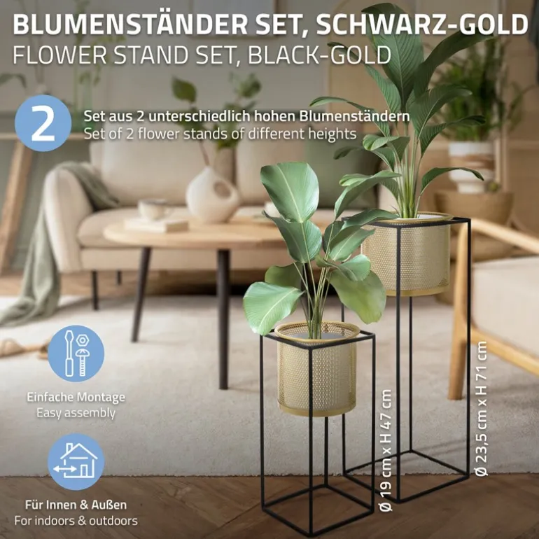 2er Set Blumenständer mit Übertopf 21x21x47/25x25x71 cm Schwarz/Gold aus Stahl ML-Design