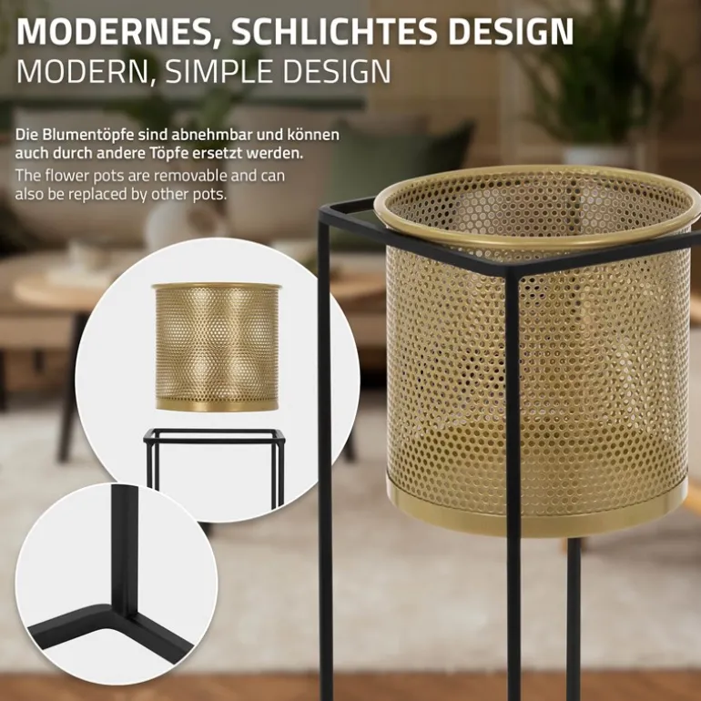 2er Set Blumenständer mit Übertopf 21x21x47/25x25x71 cm Schwarz/Gold aus Stahl ML-Design
