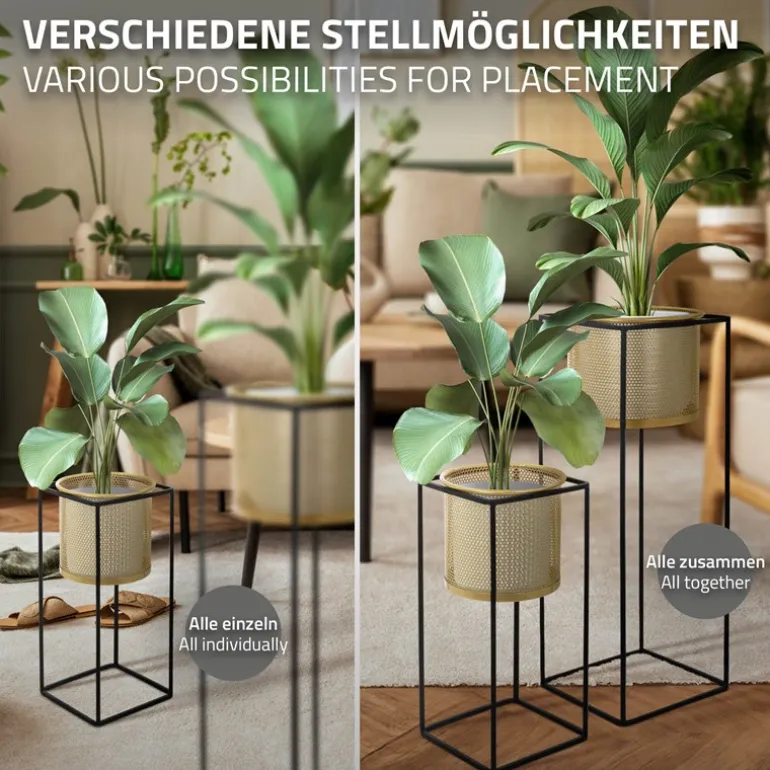 2er Set Blumenständer mit Übertopf 21x21x47/25x25x71 cm Schwarz/Gold aus Stahl ML-Design