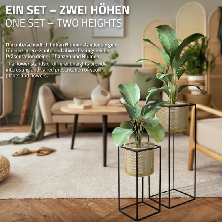 2er Set Blumenständer mit Übertopf 21x21x47/25x25x71 cm Schwarz/Gold aus Stahl ML-Design
