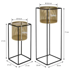 2er Set Blumenständer mit Übertopf 21x21x47/25x25x71 cm Schwarz/Gold aus Stahl ML-Design