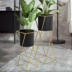 2er Set BlumenstĂ€nder mit Ăbertopf Schwarz/Gold aus Stahl ML-Design