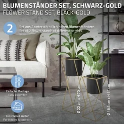 2er Set Blumenständer mit Übertopf Schwarz/Gold aus Stahl ML-Design