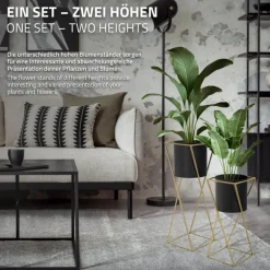 2er Set Blumenständer mit Übertopf Schwarz/Gold aus Stahl ML-Design