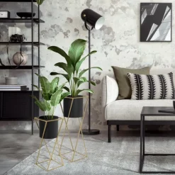 2er Set Blumenständer mit Übertopf Schwarz/Gold aus Stahl ML-Design