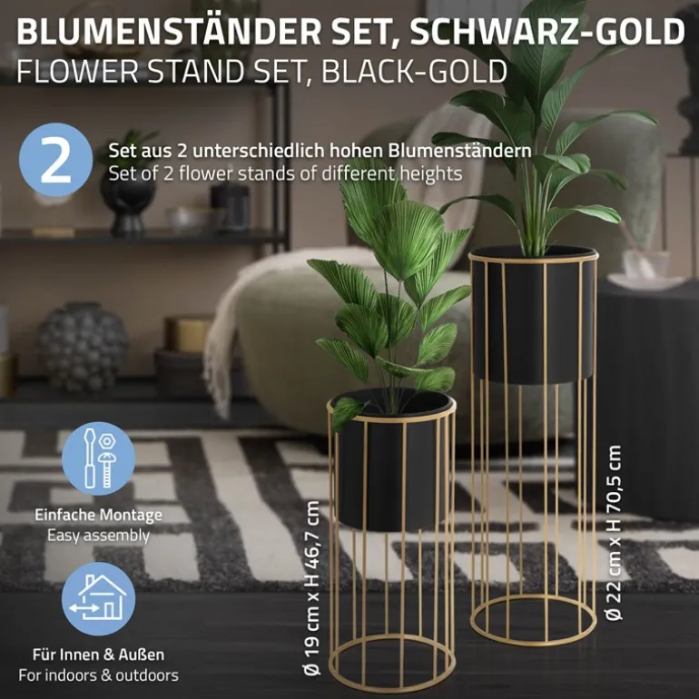 2er Set Blumenständer Ø 21x46,7 / 24x70,5 cm Schwarz aus Stahl ML-Design