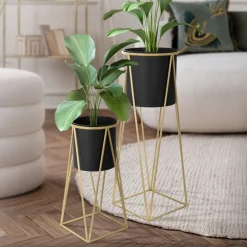 2er Set BlumenstÀnder 21,8x22x47 / 25x25x71 cm Schwarz/Gold aus Stahl ML-Design