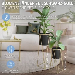 2er Set Blumenständer 21,8x22x47 / 25x25x71 cm Schwarz/Gold aus Stahl ML-Design
