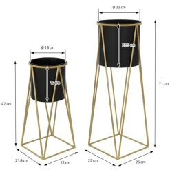2er Set Blumenständer 21,8x22x47 / 25x25x71 cm Schwarz/Gold aus Stahl ML-Design
