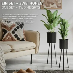 2er Set Blumenständer 22x22,5x66 / 23x26x79 cm Schwarz aus Stahl ML-Design
