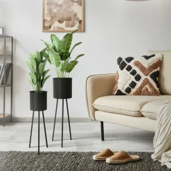 2er Set Blumenständer 22x22,5x66 / 23x26x79 cm Schwarz aus Stahl ML-Design