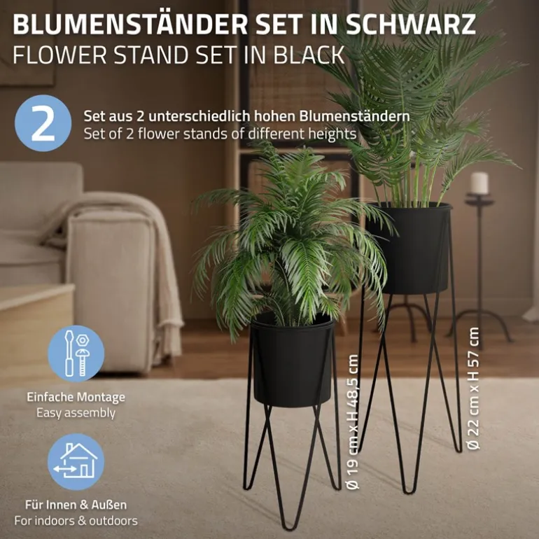 2er Set Blumenständer 27x27x48,5 / 35,5x34x75 cm Schwarz aus Stahl ML-Design