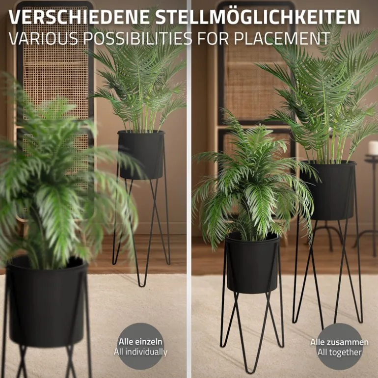 2er Set Blumenständer 27x27x48,5 / 35,5x34x75 cm Schwarz aus Stahl ML-Design