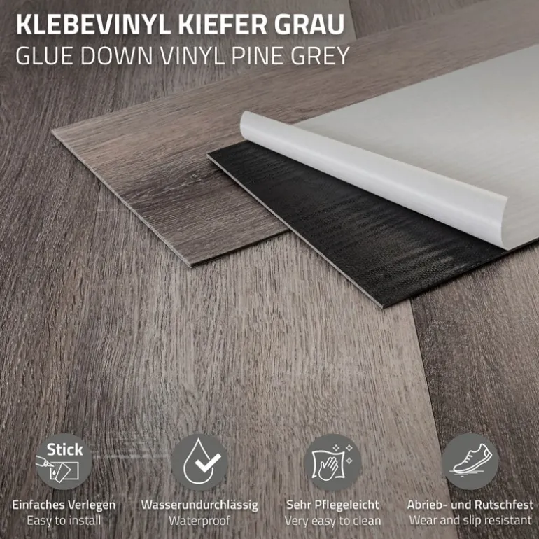 2er Set Deluxe PVC Klebevinylboden für 2,23 m² Kiefer Grau 2 mm dick ML-Design
