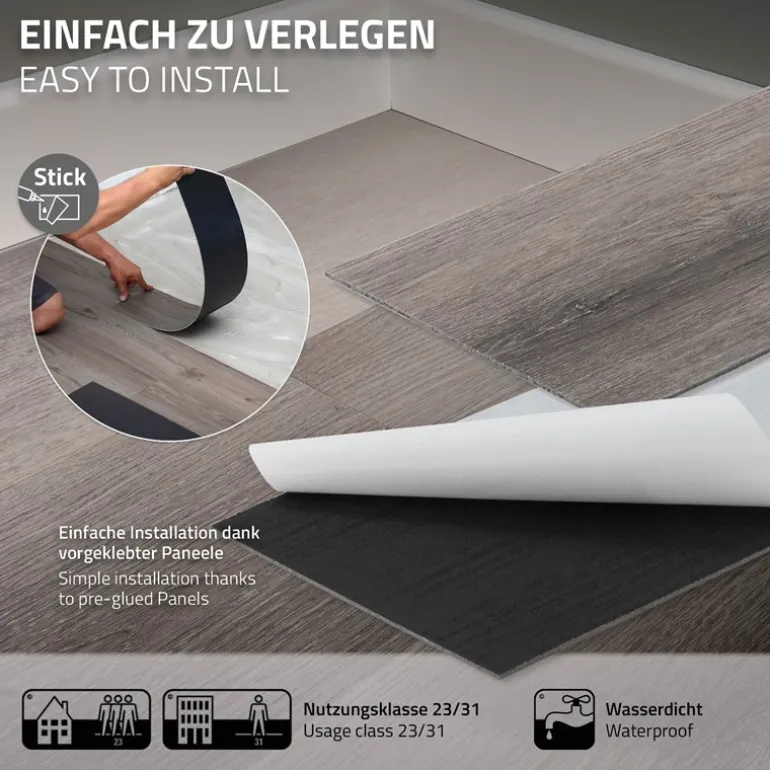 2er Set Deluxe PVC Klebevinylboden für 2,23 m² Kiefer Grau 2 mm dick ML-Design