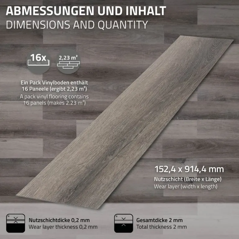 2er Set Deluxe PVC Klebevinylboden für 2,23 m² Kiefer Grau 2 mm dick ML-Design