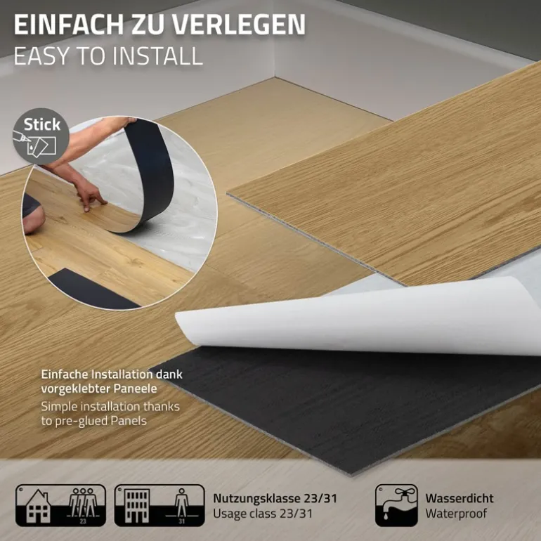 2er Set Deluxe PVC Klebevinylboden für 2,23 m² Natur Eiche 2 mm dick ML-Design