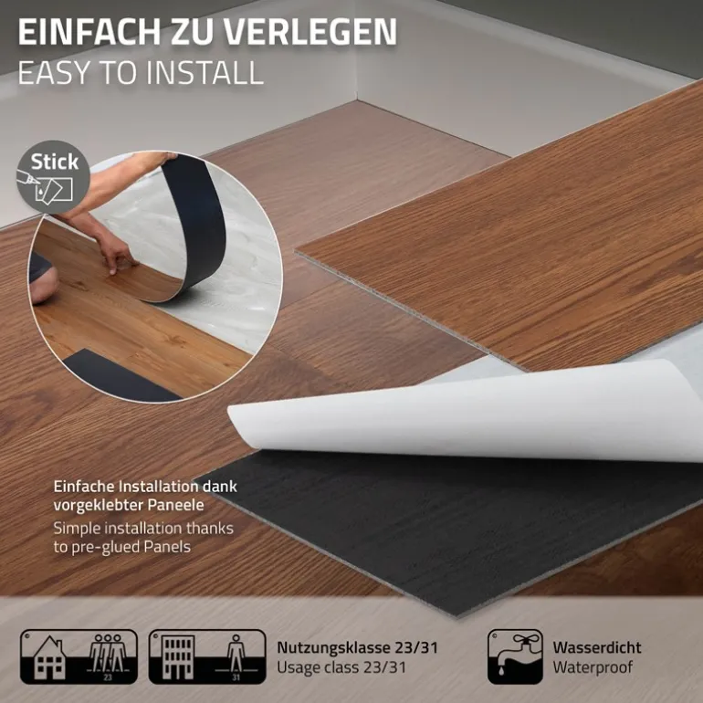 3er Set Deluxe PVC Klebevinylboden für 2,23 m² Roteiche Braun 2 mm dick ML-Design