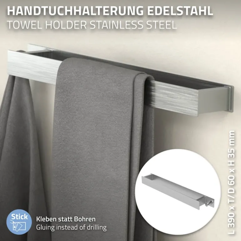 2er Set Handtuchhalter zum Kleben ohne Bohren mit Haken 42 cm Silber aus Edelstahl ML-Design