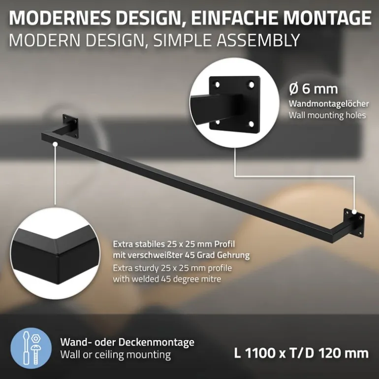 2er Set Kleiderstange Garderobe Wandmontage 12 x 110 cm Schwarz aus Stahl ML-Design