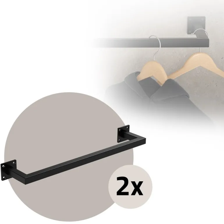 2er Set Kleiderstange Garderobe Wandmontage 12 x 60 cm Schwarz aus Stahl ML-Design