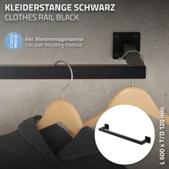 2er Set Kleiderstange Garderobe Wandmontage 12 x 60 cm Schwarz aus Stahl ML-Design