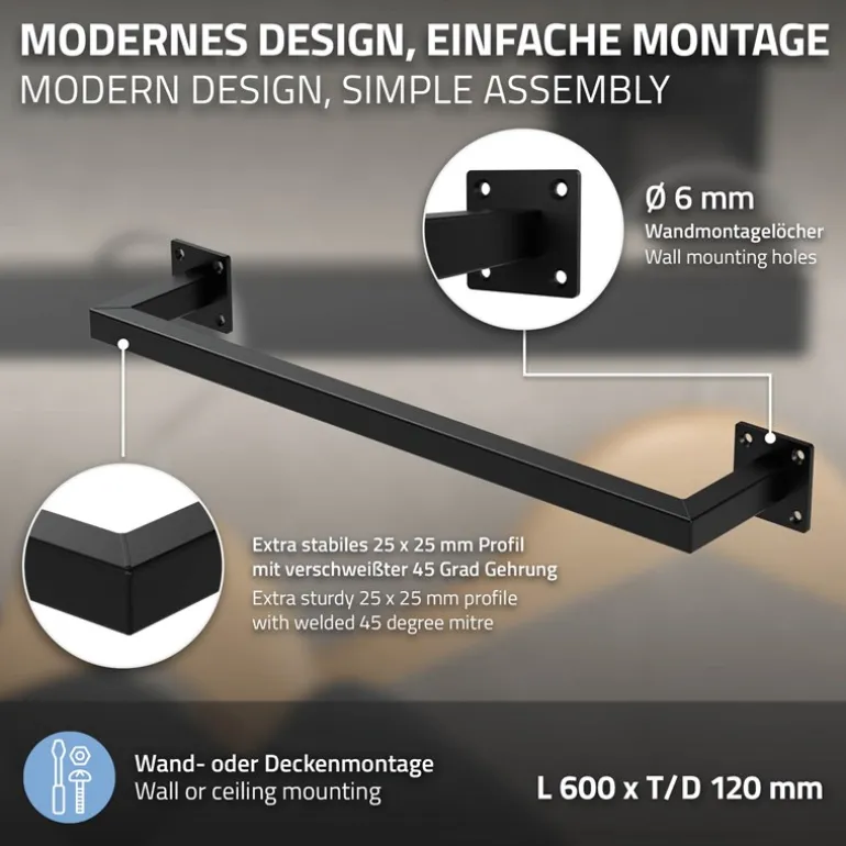 2er Set Kleiderstange Garderobe Wandmontage 12 x 60 cm Schwarz aus Stahl ML-Design