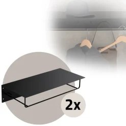 2er Set Kleiderstange Garderobe Wandmontage mit Ablage 60 x 30 x 15 cm Schwarz aus Metall ML-Design