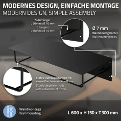 2er Set Kleiderstange Garderobe Wandmontage mit Ablage 60 x 30 x 15 cm Schwarz aus Metall ML-Design