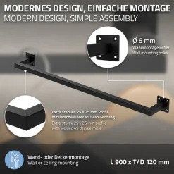3er Set Kleiderstange Garderobe Wandmontage 12 x 90 cm Schwarz aus Stahl ML-Design