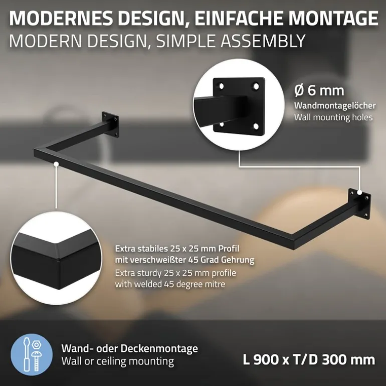 3er Set Kleiderstange Garderobe Wandmontage 30 x 90 cm Schwarz aus Stahl ML-Design
