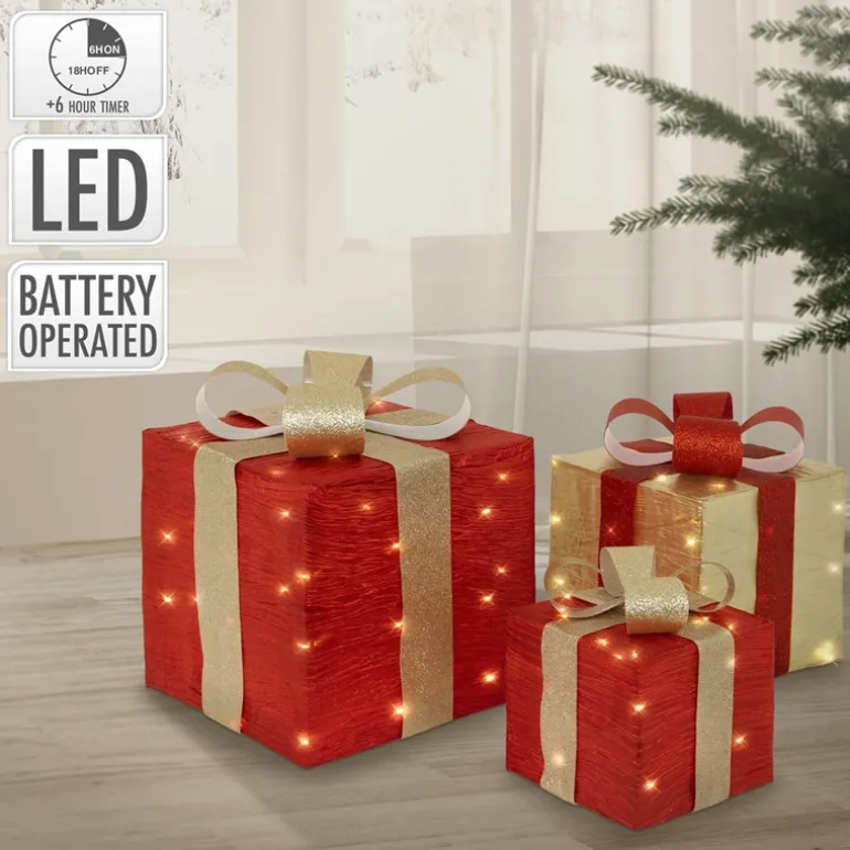3er Set LED Deko Geschenkbox mit 90 warmweißen LEDs Rot Gold Drahtgestell batteriebetrieben mit Timer