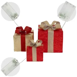 3er Set LED Deko Geschenkbox mit 90 warmweißen LEDs Rot Gold Drahtgestell batteriebetrieben mit Timer