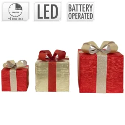 3er Set LED Deko Geschenkbox mit 90 warmweißen LEDs Rot Gold Drahtgestell batteriebetrieben mit Timer