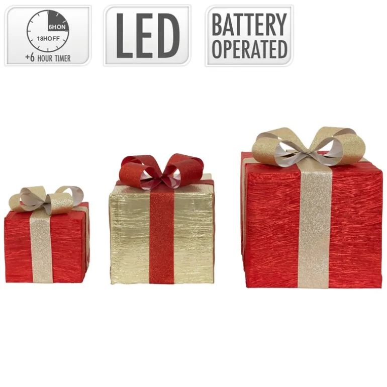 3er Set LED Deko Geschenkbox mit 90 warmweißen LEDs Rot Gold Drahtgestell batteriebetrieben mit Timer