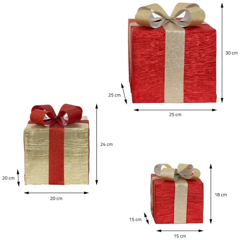 3er Set LED Deko Geschenkbox mit 90 warmweißen LEDs Rot Gold Drahtgestell batteriebetrieben mit Timer
