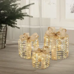 3er Set LED Weihnachtsgeschenkboxen Gold Warmweiß batteriebetrieben mit Timer