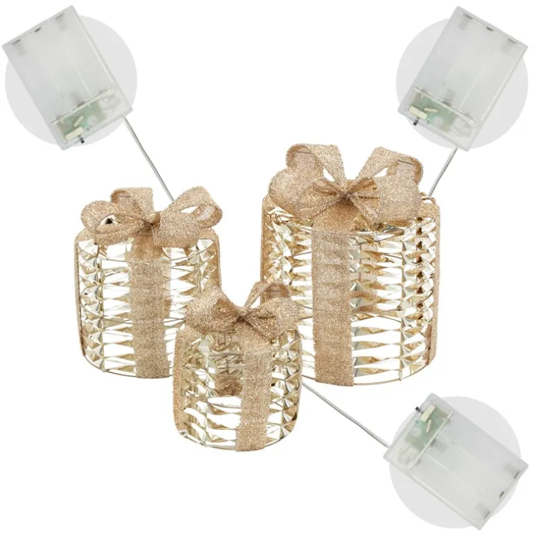 3er Set LED Weihnachtsgeschenkboxen Gold Warmweiß batteriebetrieben mit Timer