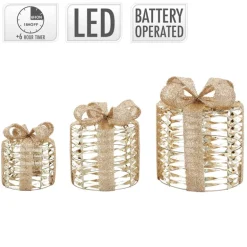 3er Set LED Weihnachtsgeschenkboxen Gold Warmweiß batteriebetrieben mit Timer