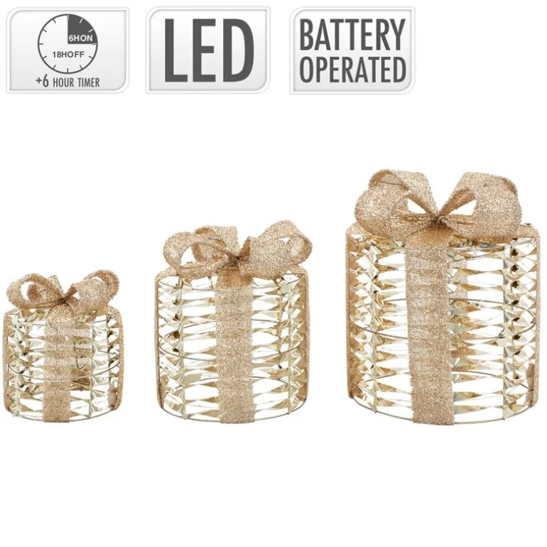 3er Set LED Weihnachtsgeschenkboxen Gold Warmweiß batteriebetrieben mit Timer