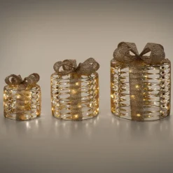 3er Set LED Weihnachtsgeschenkboxen Gold Warmweiß batteriebetrieben mit Timer