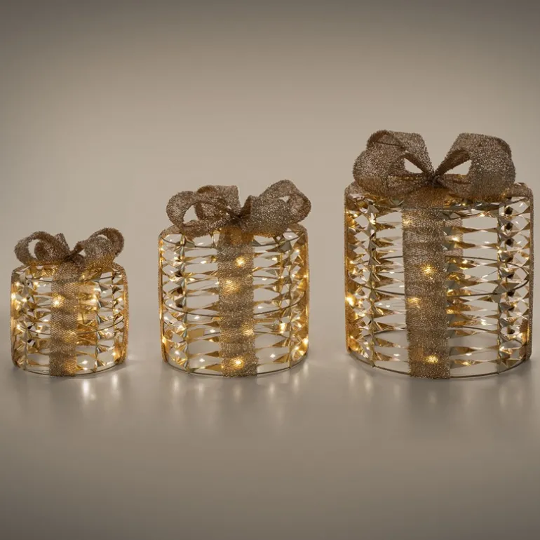 3er Set LED Weihnachtsgeschenkboxen Gold Warmweiß batteriebetrieben mit Timer