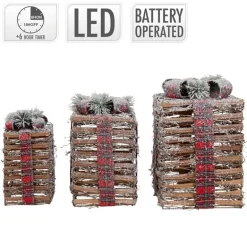 3er Set LED Weihnachtsgeschenkboxen warmweiß aus Rattan mit Timer und Kunstschnee