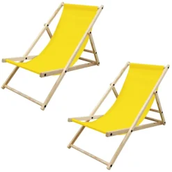 2er Set Liegestuhl klappbar Gelb Holz verstellbare Rückenlehne bis 120 kg Sonnenliege Gartenliege Strandliege
