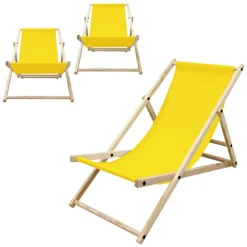 3er Set Liegestuhl klappbar Gelb Holz verstellbare Rückenlehne bis 120 kg Sonnenliege Gartenliege Strandliege