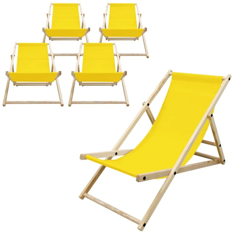 5er Set Liegestuhl klappbar Gelb Holz verstellbare Rückenlehne bis 120 kg Sonnenliege Gartenliege Strandliege